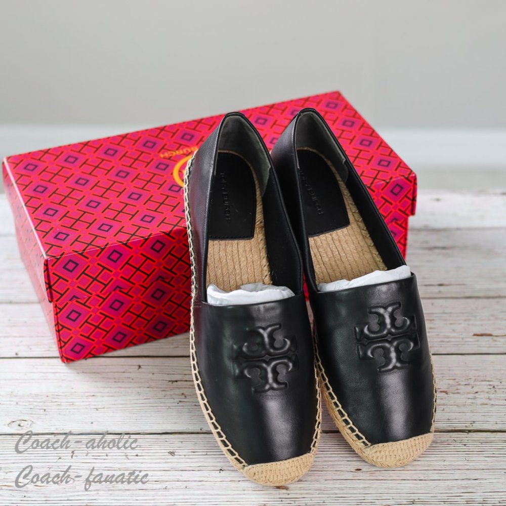 NIB Tory Burch Everly Logo Nappa Leather Espadrille Flat Shoes in Black Size 8